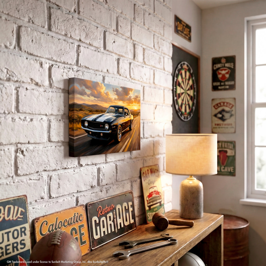Camaro Z28 Black and White Desert Highway Canvas Wall Art