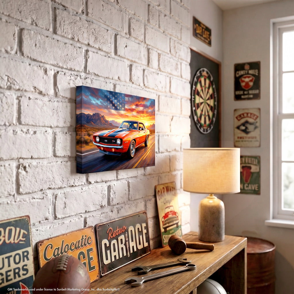 Camaro Z28 Orange and Black Americana Highway American Flag Canvas Wall Art