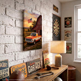 Chevy C10 Orange and White Barn with US Flag Canvas Wall Art