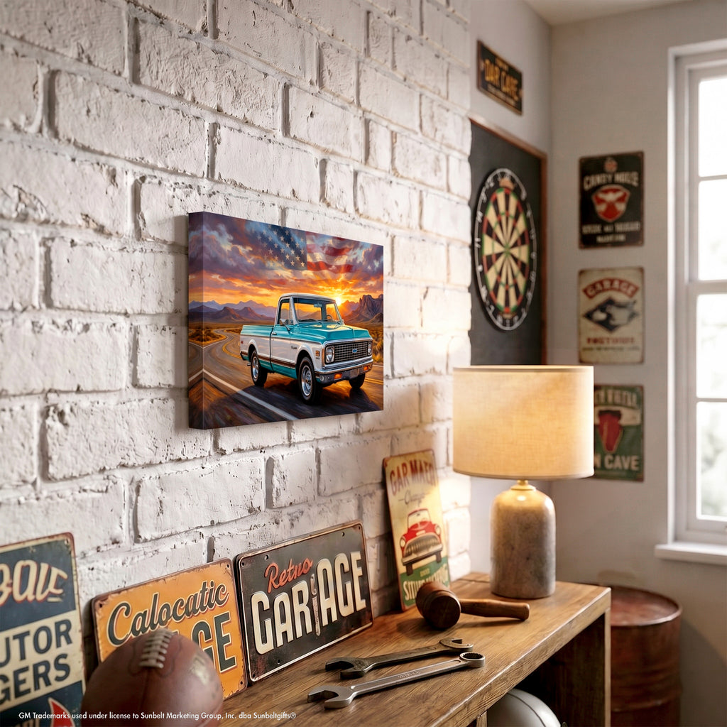 Chevy C10 Blue and White Americana Highway Canvas Wall Art