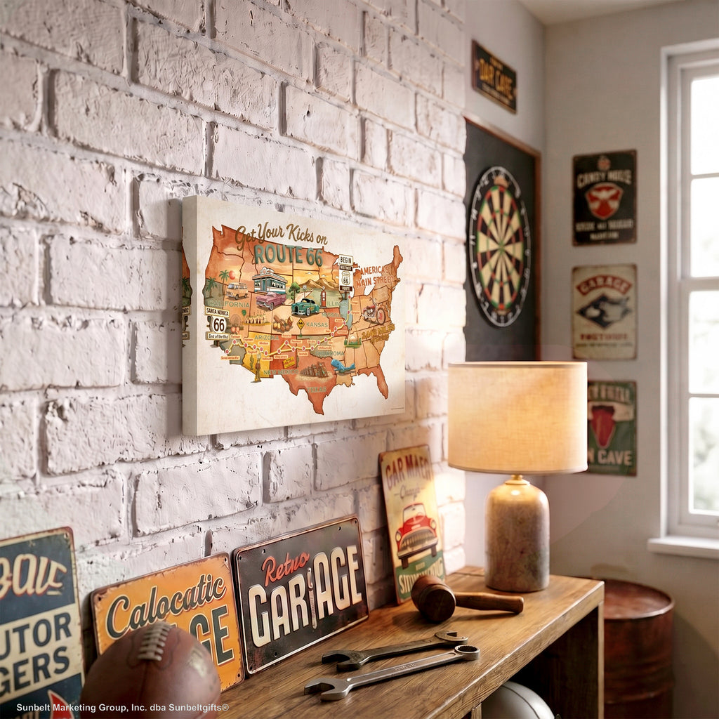Legends of Route 66 Vintage Burnt Orange USA Map America's Main Street Canvas Wall Art