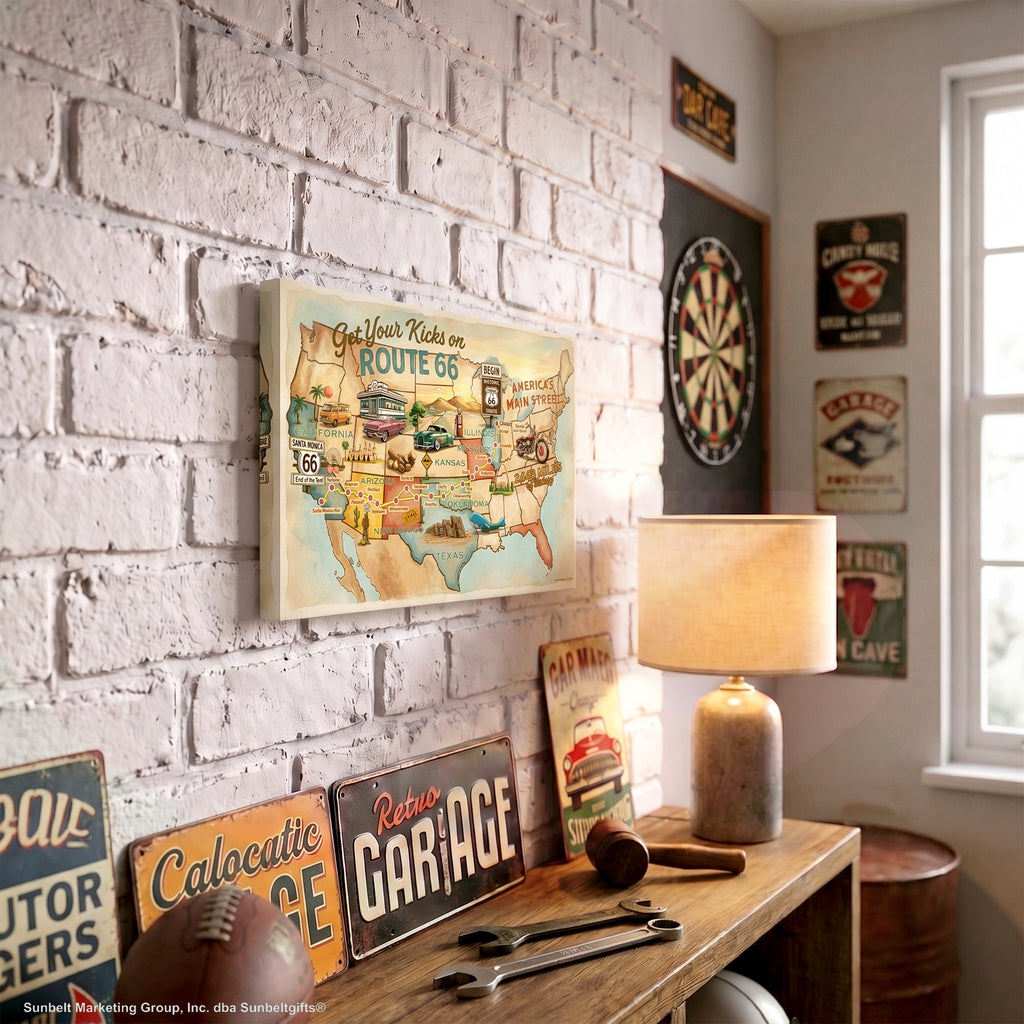 Legends of Route 66 Vintage Tan & Teal USA Map Get Your Kicks Road Trip Canvas Wall Art