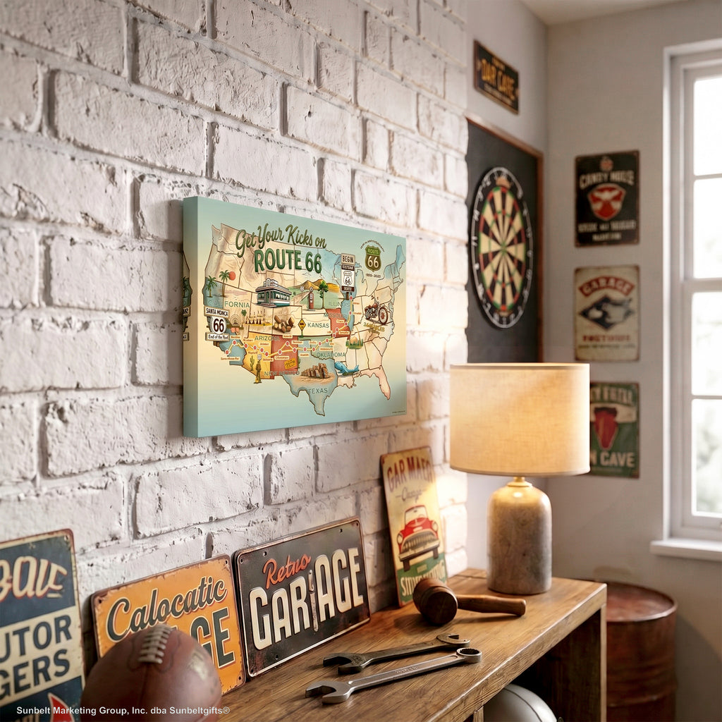 Legends of Route 66 Vintage Teal & Beige USA Map Historic Road Trip Canvas Wall Art