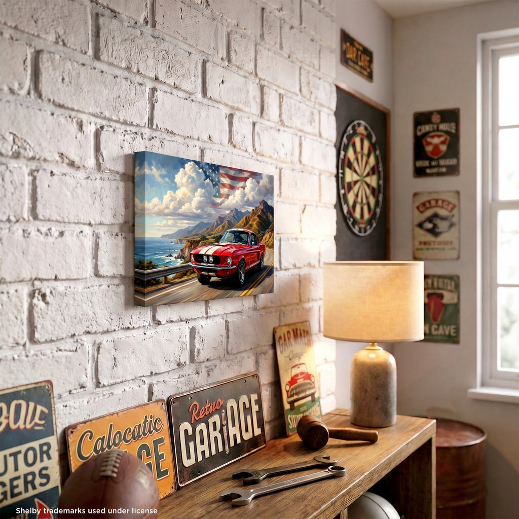 Carroll Shelby Red GT500 Sports Coupe Coastal Highway American Flag Canvas Wall Art