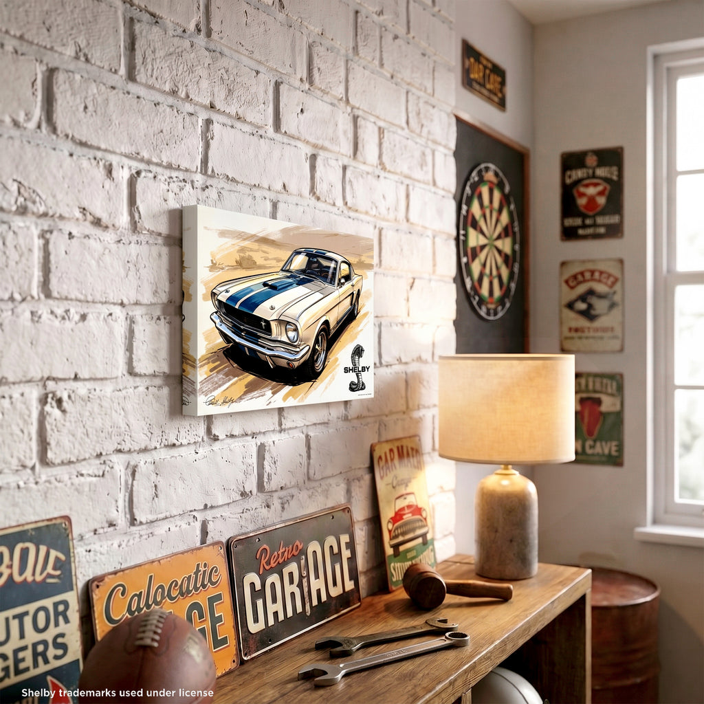 Carroll Shelby White GT350 Sports Coupe Comic Illustration with Shelby Cobra Snake Canvas Wall Art