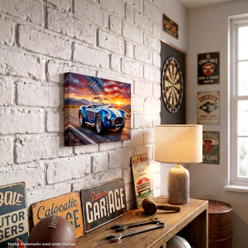 Carroll Shelby Blue Cobra 427 Open-Top Roadster Desert Highway Sunset American Flag Canvas Wall Art