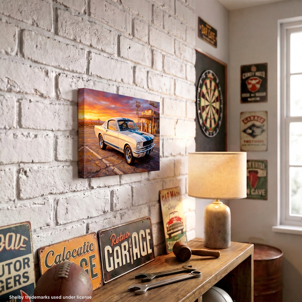Carroll Shelby White GT350 Sports Coupe Front View Vintage Gas Station Canvas Wall Art