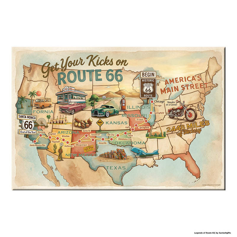 Legends of Route 66 Vintage Tan & Teal USA Map Get Your Kicks Road Trip Canvas Wall Art