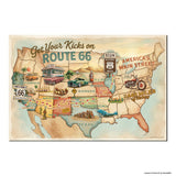 Legends of Route 66 Vintage Tan & Teal USA Map Get Your Kicks Road Trip Canvas Wall Art