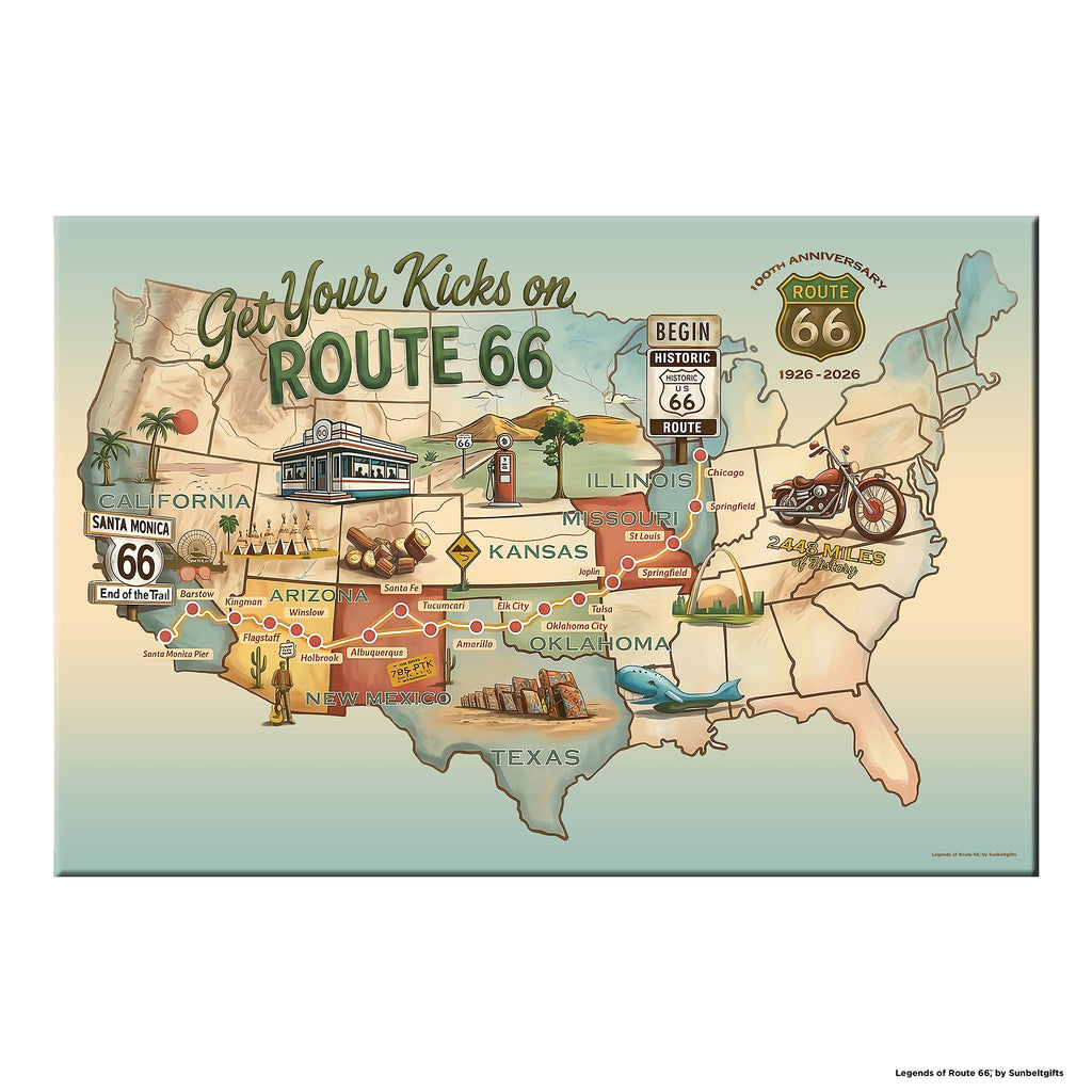 Legends of Route 66 USA Map Canvas Wall Art – Get Your Kicks on Route 66 100th Anniversary 1926-2026, full USA map from Chicago to Santa Monica
