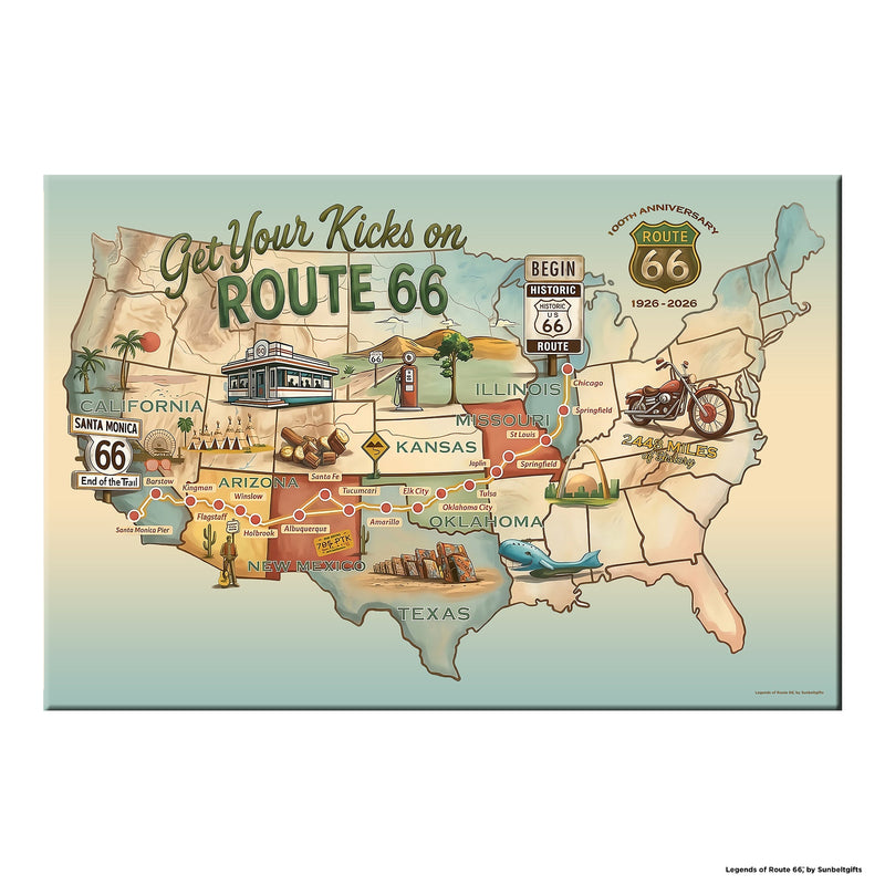 Legends of Route 66 USA Map Canvas Wall Art – Get Your Kicks on Route 66 100th Anniversary 1926-2026, full USA map from Chicago to Santa Monica