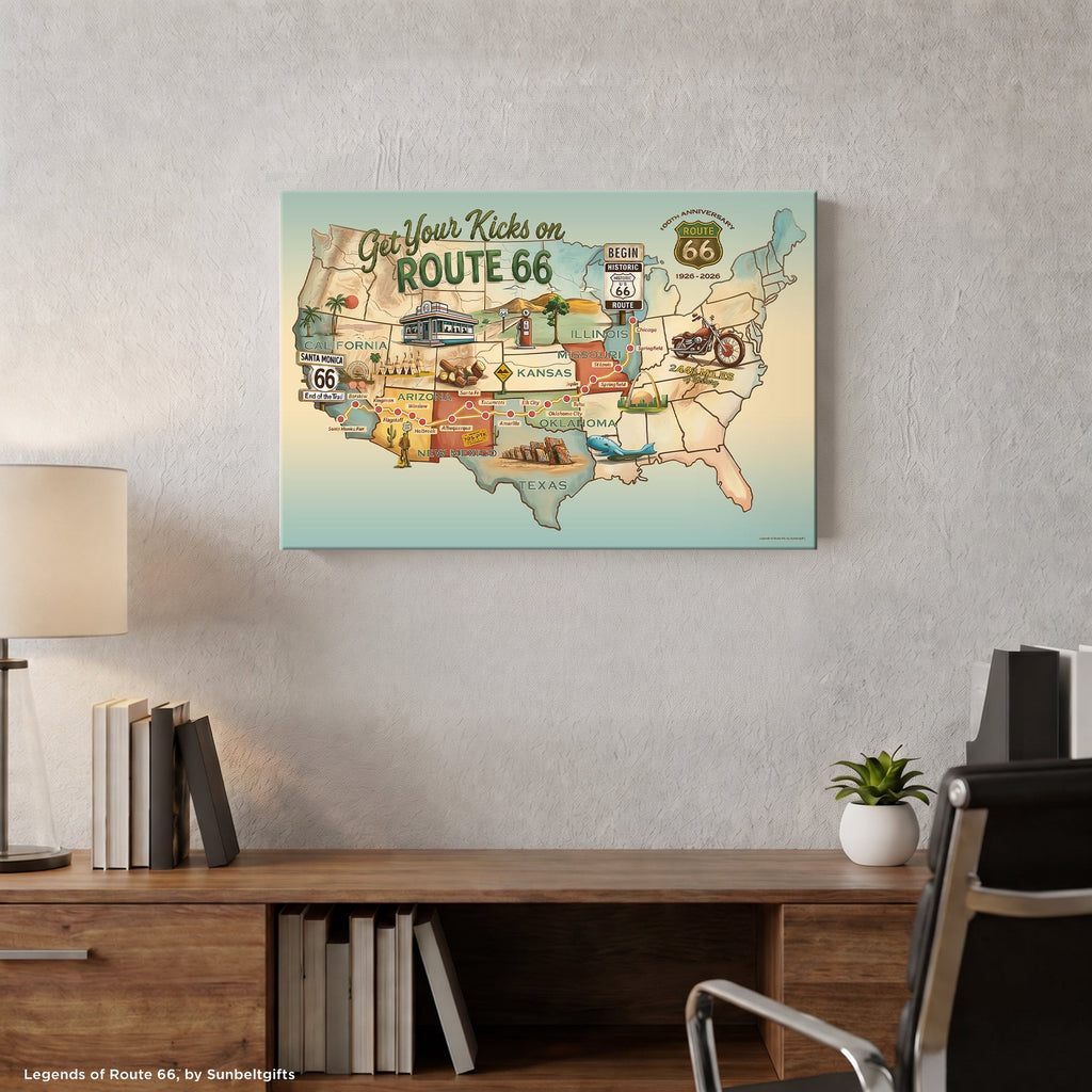 Legends of Route 66 USA Map Canvas Wall Art displayed in modern home office above desk – Get Your Kicks on Route 66