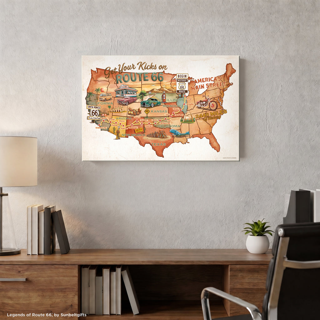 Legends of Route 66 America’s Main Street USA Map Canvas Wall Art displayed in modern home office above desk – warm vintage terracotta colorway