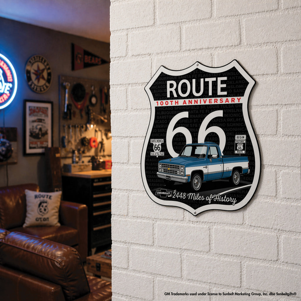 1987 Chevrolet C10 Blue and White Two Tone Route 66 100th Anniversary Die Cut Shield USA Made Metal Sign- Available in 2 sizes