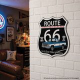 1987 Chevrolet C10 Blue and White Two Tone Route 66 100th Anniversary Die Cut Shield USA Made Metal Sign- Available in 2 sizes
