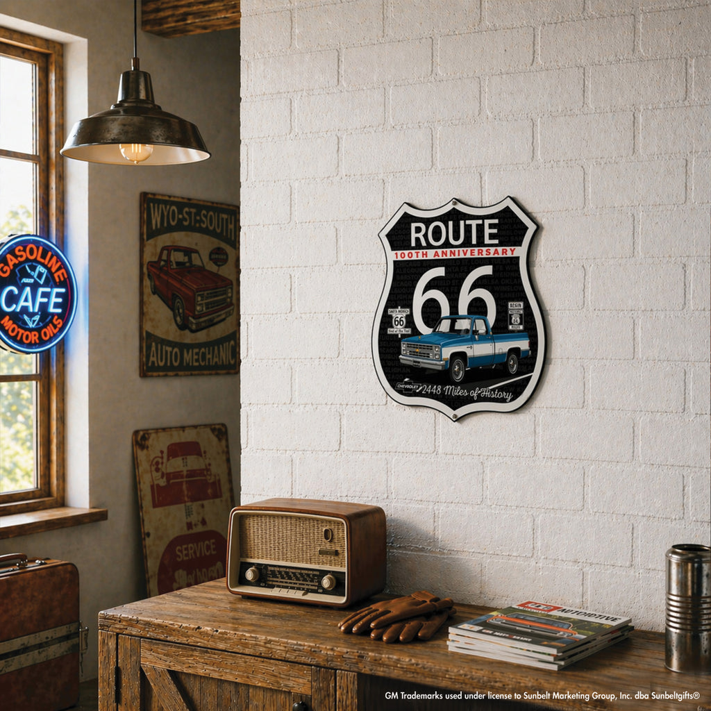 1987 Chevrolet C10 Blue and White Two Tone Route 66 100th Anniversary Die Cut Shield USA Made Metal Sign- Available in 2 sizes