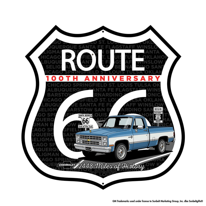 1987 Chevrolet C10 Blue and White Two Tone Route 66 100th Anniversary Die Cut Shield USA Made Metal Sign- Available in 2 sizes