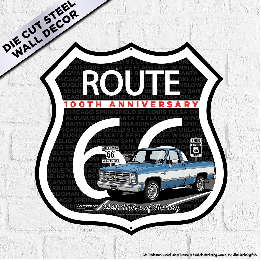 1987 Chevrolet C10 Blue and White Two Tone Route 66 100th Anniversary Die Cut Shield USA Made Metal Sign- Available in 2 sizes