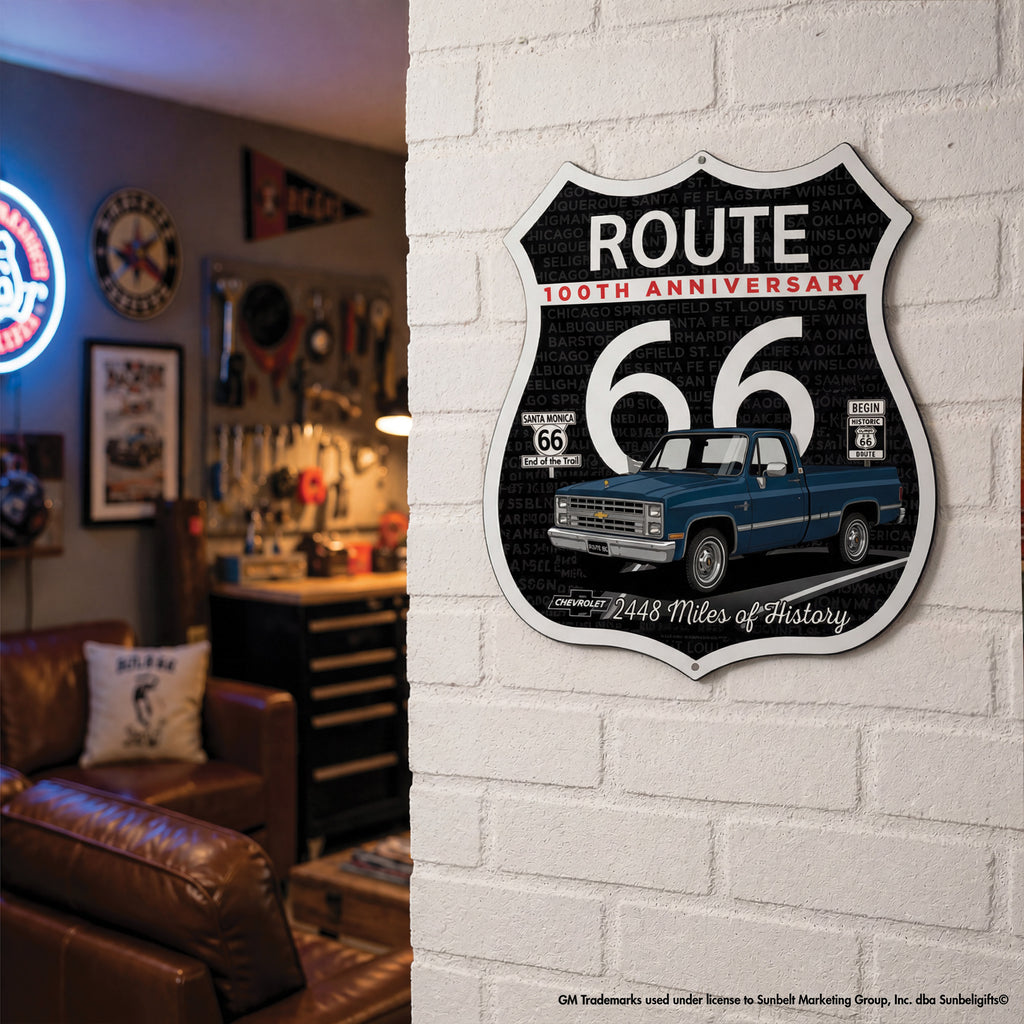 1987 Chevrolet C10 Dark Blue Route 66 100th Anniversary Die Cut Shield USA Made Metal Sign- Available in 2 sizes (Copy)