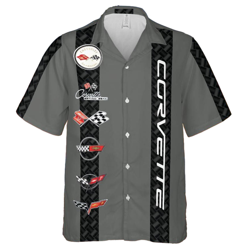 Corvette C1-C6 Logos Grey Base with Black Stripes Hawaiian Shirt for Men, Button-Down Short Sleeve, Classic Fit, Lightweight and Breathable Summer Shirt, Officially Licensed GM Product