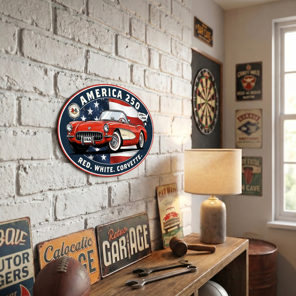 Corvette C1 "Red. White. Corvette." America 250 Oval Steel Sign – 1776 to 2026