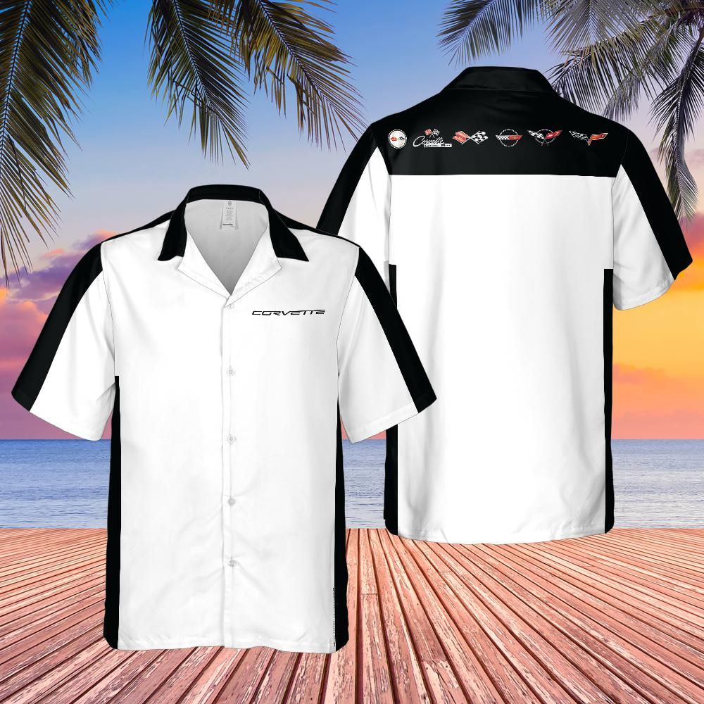 C6 Chevrolet Corvette Hawaiian Shirt Arctic White and Black Color Block Men's Short Sleeve Button-Up Casual Camp Shirt