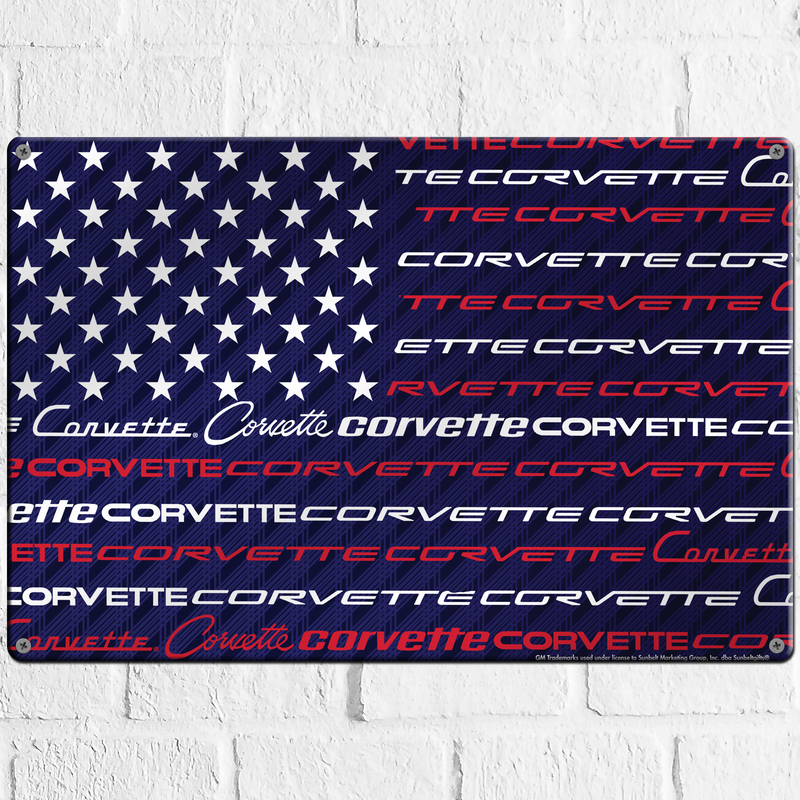 Corvette Script USA Flag Design 18"x12" Metal Wall Decor – Vintage Muscle Car Premium Aluminum Wall Art, Classic Muscle Car Decor for Garage, Man Cave, Bar, or Home