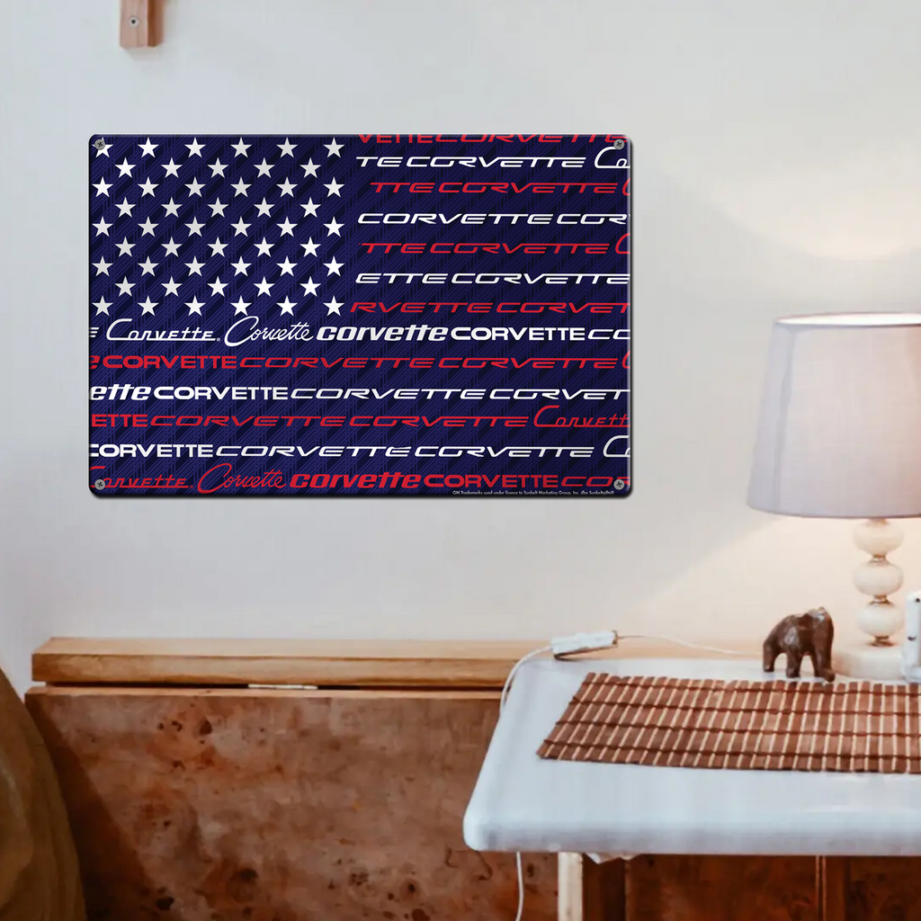 Corvette Script USA Flag Design 18"x12" Metal Wall Decor – Vintage Muscle Car Premium Aluminum Wall Art, Classic Muscle Car Decor for Garage, Man Cave, Bar, or Home