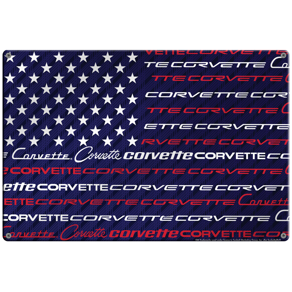 Corvette Script USA Flag Design 18"x12" Metal Wall Decor – Vintage Muscle Car Premium Aluminum Wall Art, Classic Muscle Car Decor for Garage, Man Cave, Bar, or Home