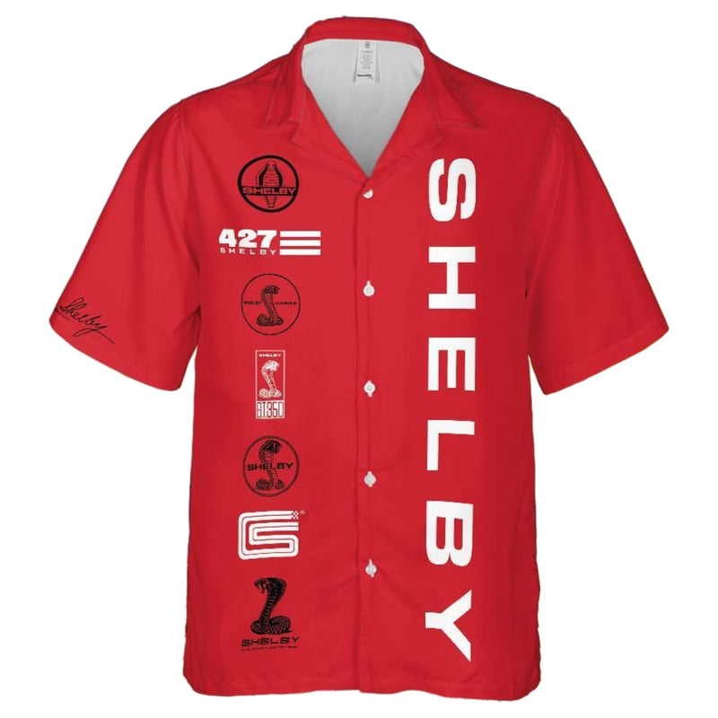 Carroll Shelby Red Hawaiian Shirt, Celebrating Muscle Car Heritage with Historical Shelby Badge Designs in Black and White