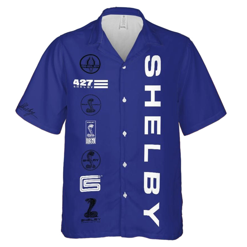 Carroll Shelby Blue Hawaiian Shirt, Celebrating Muscle Car Heritage with Historical Shelby Badge Designs in Black and White