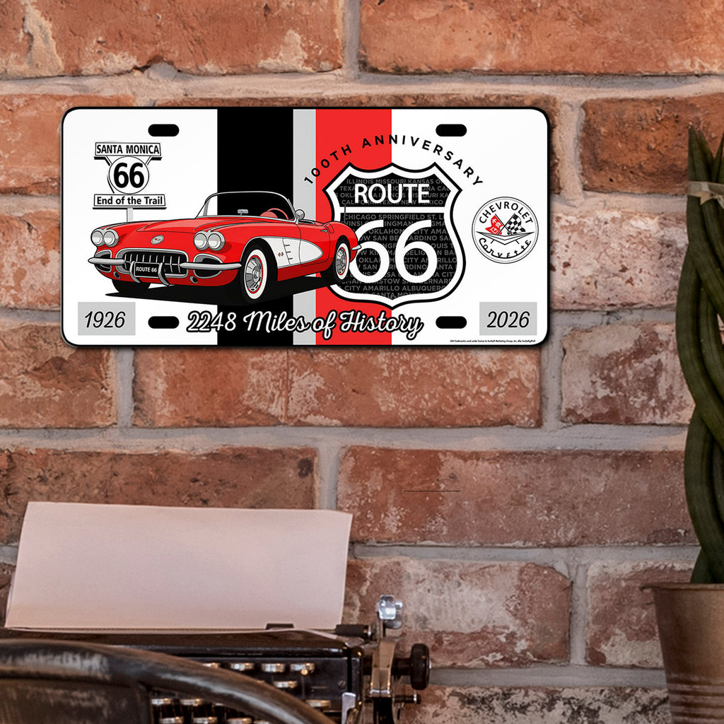 C1 Route 66 100th Anniversary 12" x 6" Wall Decor – Red & White Corvette Edition