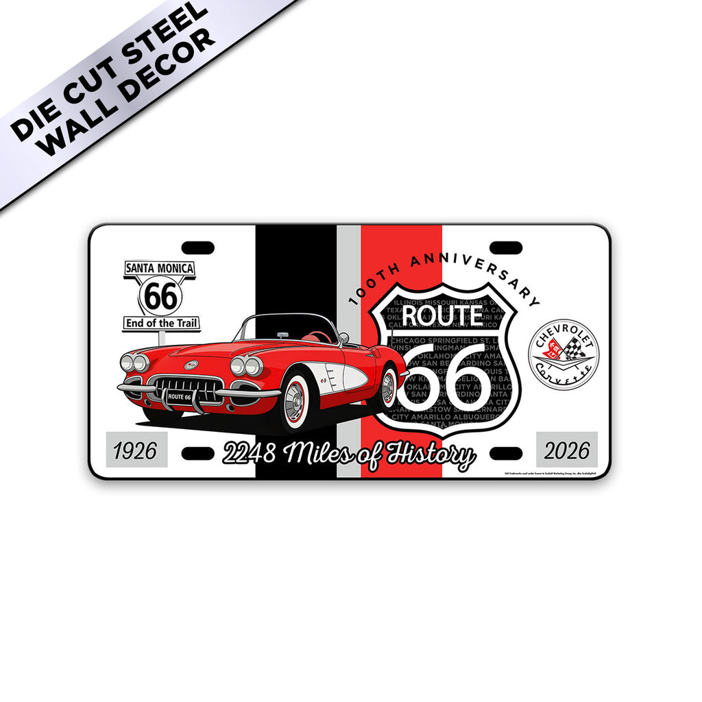 C1 Route 66 100th Anniversary 12" x 6" Wall Decor – Red & White Corvette Edition