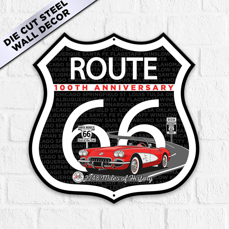 C1 Corvette Route 66 100th Anniversary Die-Cut Shield – Red Convertible Edition-Available in 2 Sizes