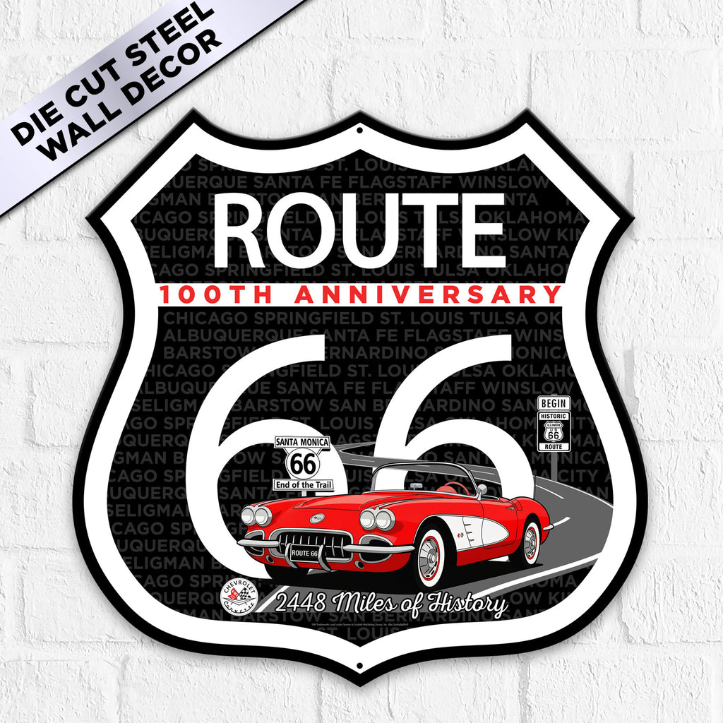 C1 Corvette Route 66 100th Anniversary Die-Cut Shield – Red Convertible Edition-Available in 2 Sizes