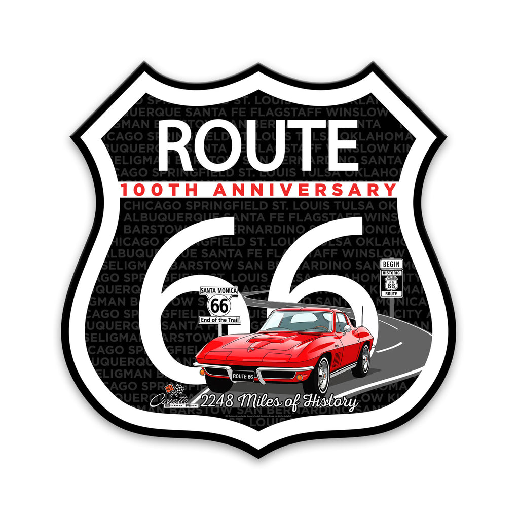 C2 Corvette Route 66 100th Anniversary Die-Cut Shield – Red Convertible Edition-Available in 2 Sizes