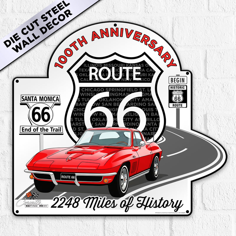 C2 Corvette Route 66 100th Anniversary Metal Sign-Legends of the Road, Available in 2 Sizes