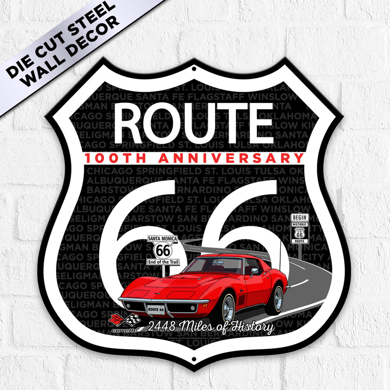 C3 Corvette Route 66 100th Anniversary Die-Cut Shield – Red Convertible Edition-Available in 2 Sizes
