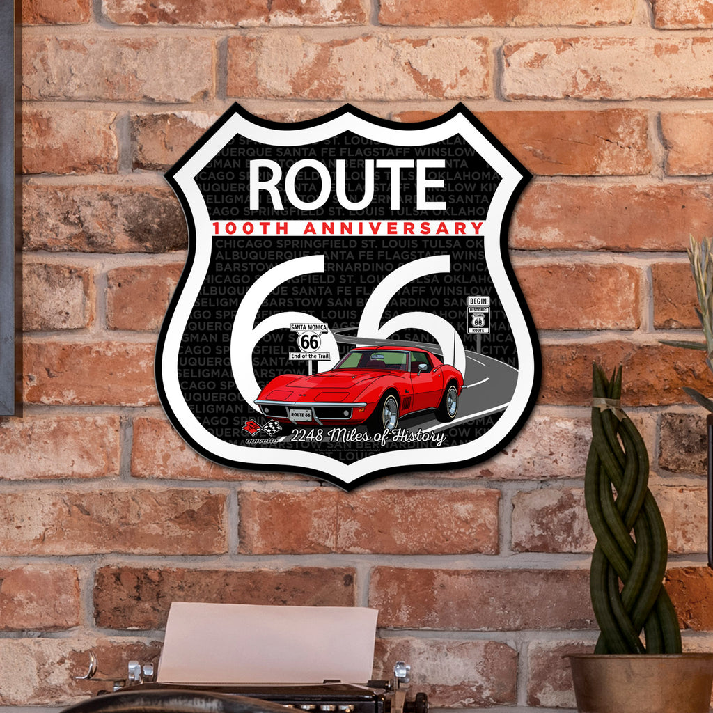 C3 Corvette Route 66 100th Anniversary Die-Cut Shield – Red Convertible Edition-Available in 2 Sizes