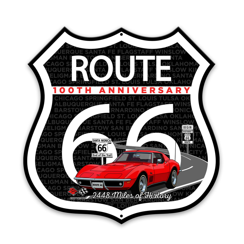 C3 Corvette Route 66 100th Anniversary Die-Cut Shield – Red Convertible Edition-Available in 2 Sizes