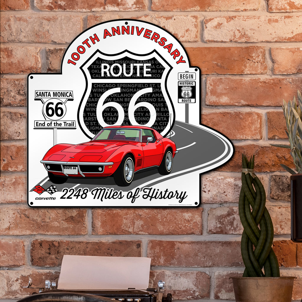 C3 Corvette Route 66 100th Anniversary Metal Sign - Legends of the Road, Available in 2 Sizes