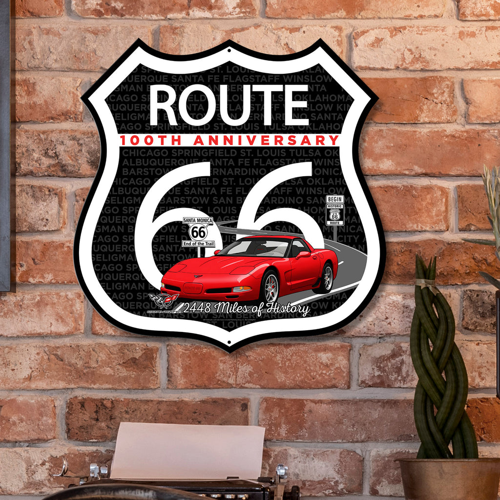 C5 Corvette Route 66 100th Anniversary Die-Cut Shield – Red Convertible Edition-Available in 2 Sizes (Copy)