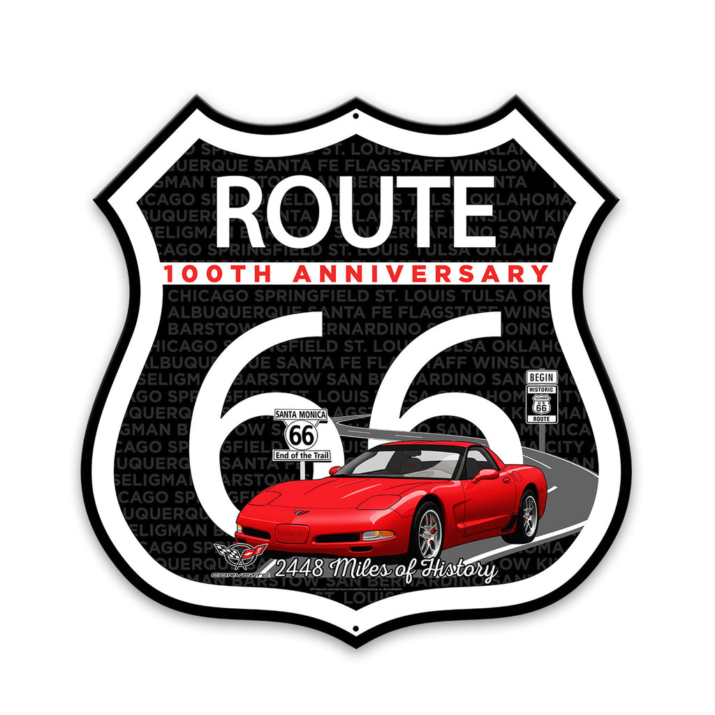 C5 Corvette Route 66 100th Anniversary Die-Cut Shield – Red Convertible Edition-Available in 2 Sizes (Copy)