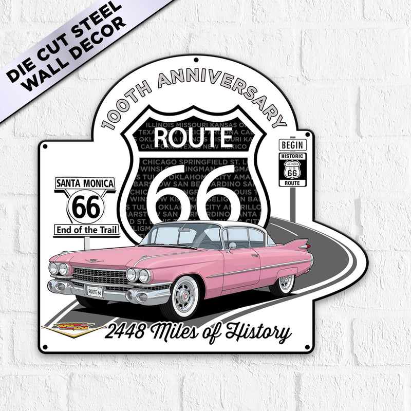 Route 66 100th Anniversary Metal Sign – Pink Cadillac Edition- Available in 2 Sizes