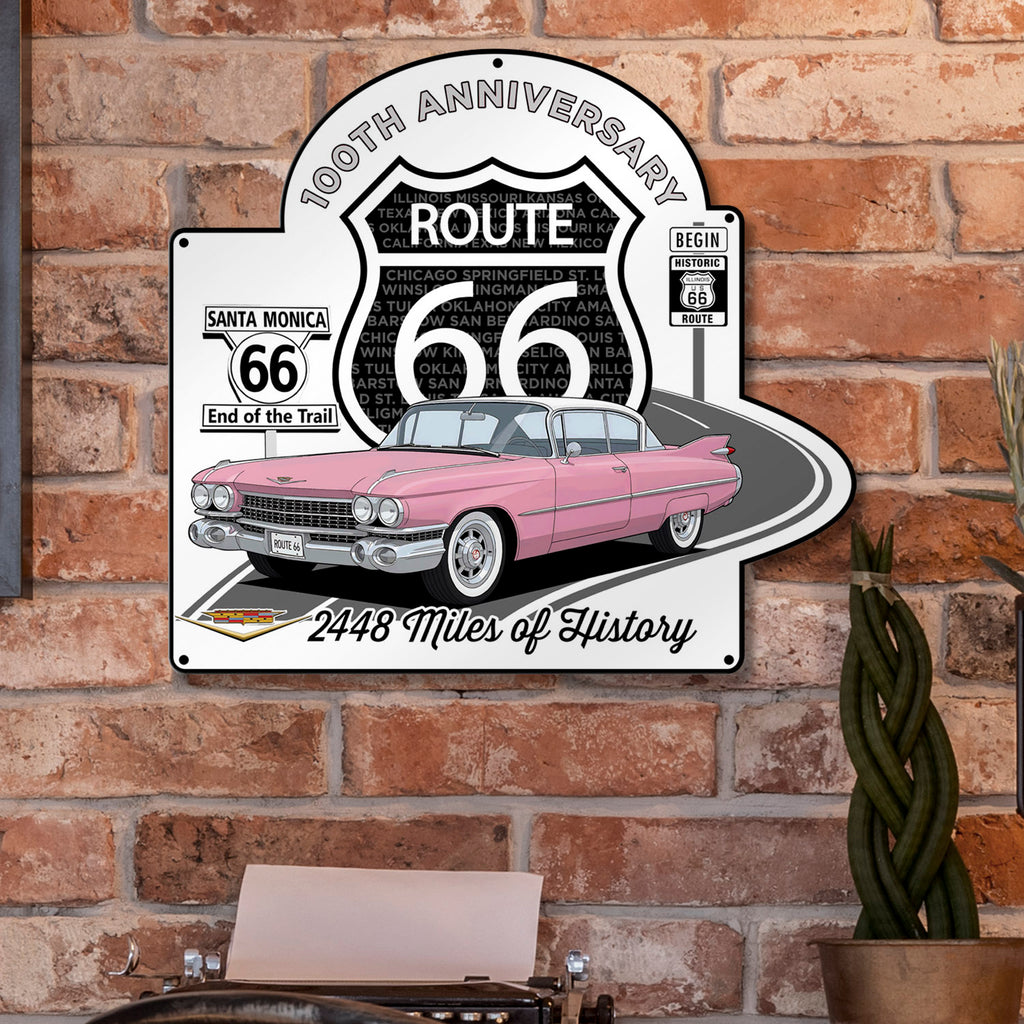 Route 66 100th Anniversary Metal Sign – Pink Cadillac Edition- Available in 2 Sizes