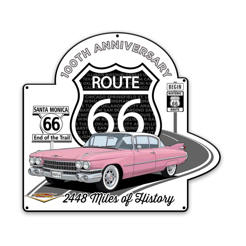 Pink Cadillac Route 66 Metal Sign – 100th Anniversary Vintage Wall Art for Car Enthusiasts, 2 Sizes Available