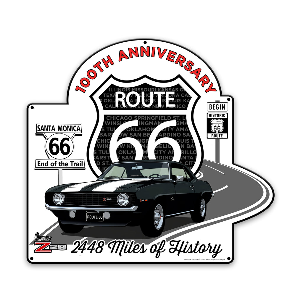 Route 66 100th Anniversary Die-Cut Metal Sign – Camaro Z28 Edition-Available in 2 Sizes