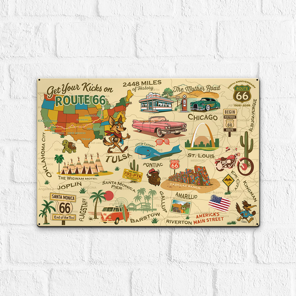 Legends of Route 66  with Mascots USA Made 22 Gauge 18 x 12 Metal Wall Decor– Sunbeltgifts® 100th Anniversary Edition