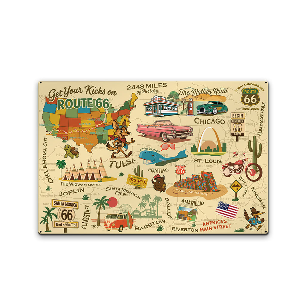 Legends of Route 66  with Mascots USA Made 22 Gauge 18 x 12 Metal Wall Decor– Sunbeltgifts® 100th Anniversary Edition