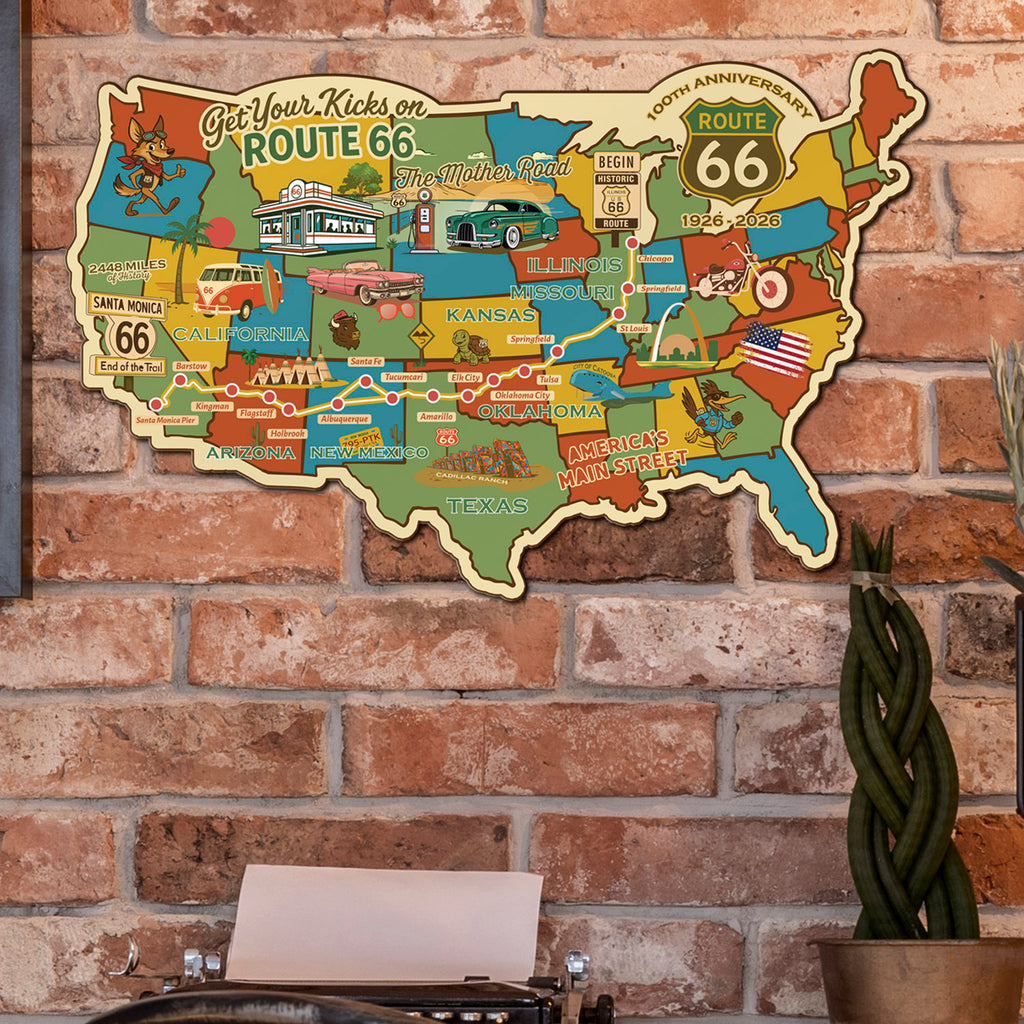 Legends of Route 66 USA Destination Map, 22 Gauge Metal Die Cut Wall Decor with Mascots-Sunbeltgifts® 100th Anniversary Edition-Made in the USA, Available in 2 sizes